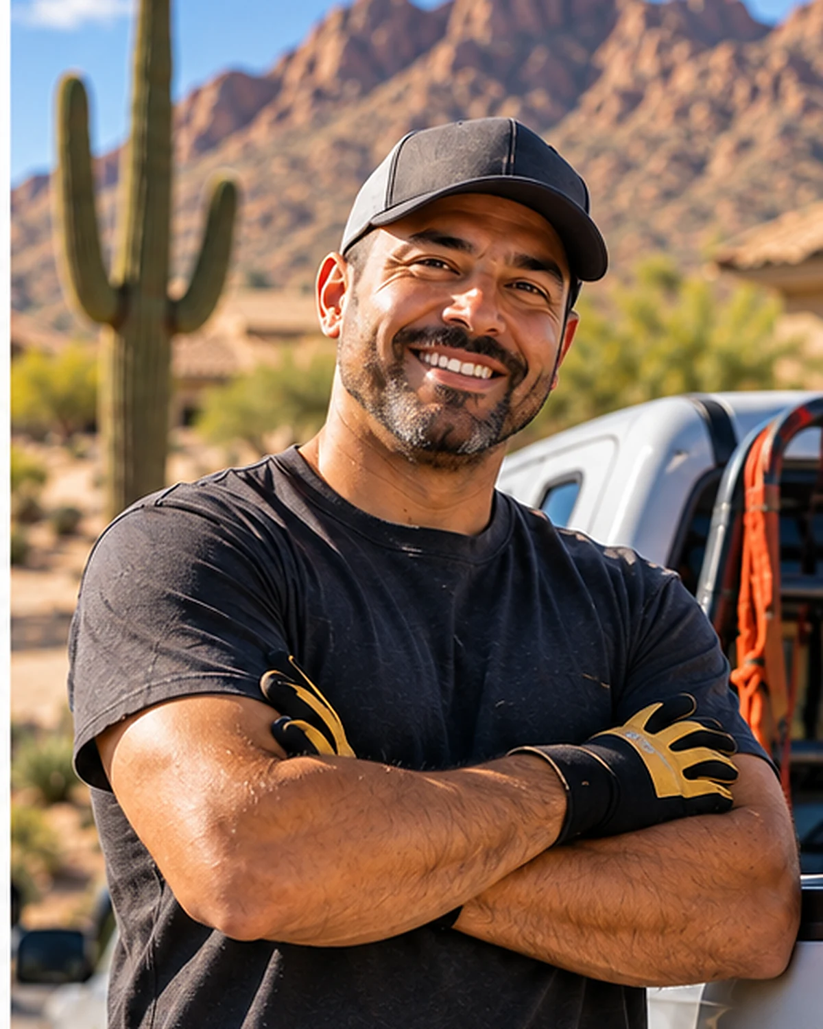 A smiling independent local hauler standing beside his pickup truck in the Arizona desert.
